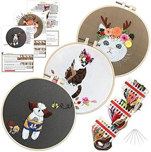 3pcs Cat Embroidery Kits for Beginners,Include Embroidery Clothes with Pattern,3pcs Embroidery Hoops and Instructions,Scissors and Color Threads,Craft Cross Stitch Set for Adults DIY Decor Living Room