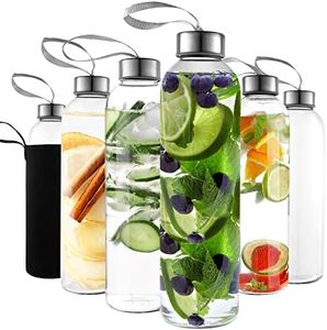 Kitchen Lux 18oz Glass Water Bottles - 6 Pack - Nylon Protective Sleeves, Airtight Screw Top Lids, Portable Carrying Loops - Lead, PVC and BPA Free - Water, Smoothie, Juicer and Beverage Glasses