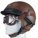 Retro Leather Motorcycle Half Helmet for Men and Women, Vintage Pilot Style Adult Open-Face Helmet Bike Cruiser Chopper Moped Scooter Motorbike Helmet DOT Certified brown,L