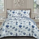 Royal Hotel Bedding Sea Shell Oversized Coverlet Set, Luxury Printed Design Quilt, Bedspread Set - Filled Quilts - Fits Pillow top Mattresses - 3PC Set - Queen Size