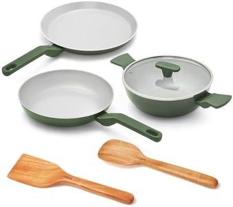 Ember Cookware Arcilla Ceramic Non Stick Cookware Set of 3 | Frying Pan 24cm, Kadai 2.6 Litre with Glass Lid & Tawa 28cm | Non Toxic Ceramic Cookware Gift Set | ISI Certified | PFAS PTFE Free | Green