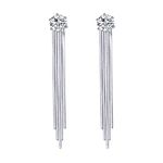 QUKE 925 Sterling Silver Tassel Dangle Earrings 7MM Cubic Zirconia Crystal Long Drop Wedding Earrings For Brides