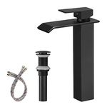 Homevacious Matte Black Bathroom Vessel Sink Faucet with Drain Assembly Without Overflow and Supply Hose Lead-Free Lavatory Waterfall Single Handle One Hole Basin Mixer Tap