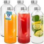 HEFTMAN Glass Water Bottle 1 Litre - 6 Pack Empty Glass Bottles with Lids - Water, Smoothies, Glass Juice Bottles with Airtight, Leakproof, Stainless Steel Lids & Cleaning Brush for Work, Gym, Home