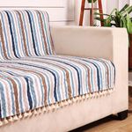 STITCHNEST Quilted Velvet Sofa Cover with Tassels – 70x60 Inch, Blue & Beige Striped Pattern, Soft & Modern, Washable Sofa Protector for 3-Seater