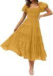 ZESICA Women's Summer Square Neck Short Puff Sleeve Solid Color High Waist Casual Smocked Flowy A Line Tiered Midi Dress,Ginger,XX-Large