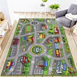 VSIWB Kids Rug 3'3" x 5'2" City Life Playmat Area Rug Car City Map Washable Traffic Road Educational Learning Nursery Rug Carpet for Children Playroom Living Room Bedroom Classroom Decor Green