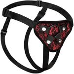 Lovehoney Bondage Boutique Strap On Harness - Adjustable Harness for Pegging - Includes 3 Different Sized O-Rings - Lace Front with Faux Fur Lining - Black/Red