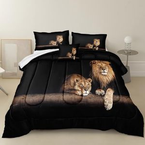 Lion Comforter Set King Couple Bedding Comforter Set Wild Animal Bed Home Decor Black Bedding 1 Comforter Set 2 Pillowcases 1 Cushion Cover (King, Lion01)