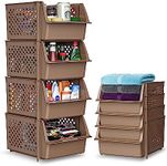 TidyFriend Stackable Storage Bins for Pantry - 4 Pack Medium Stackable Bins For Organizing Food, Kitchen, and Bathroom Essentials (Brown)