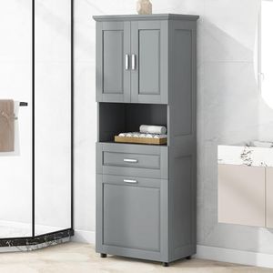 Wekuku Tall Bathroom Cabinet with Laundry Basket, Large Storage Space Tilt-Out Laundry Hamper and Upper Storage Cabinet, White (70'' Tall Bathroom Cabinet, Black)