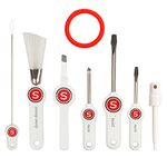 SINGER Machine Sewing & Maintenance Bundle - 7-Piece Set: 3-Piece Screwdriver set, Angled-Edge Lint Brush, Slant Tip Tweezers, & Serger Machine Needle Threader, White & red