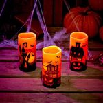 THE TWIDDLERS - Set of 3 Real Wax Flameless Halloween Candles – LED Battery Operated Flickering Pillar Candles for Spooky Indoor & Outdoor Halloween Decor