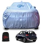 GARREGE® Metallic Silver Triple Coated Inner Soft Lining Cotton Waterproof Car Body Cover with Mirror Antena Pocket Blue Strap Style for Hyundai Venue Cars (Box Printed Silver)