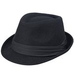 Mens Classic Plaid Manhattan Structured Gangster Trilby Fedora Hat Cuban Style Derby Hat Jazz Cap (Size M-L/7 1/4), Black - Tri-pleated Hat Band, Large