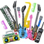 Inflatable Instruments Party Props Set, Inflatable Microphones Rock Star Guitars Balloons Kit with Inflatable Saxophone Piano for 80s 90s Themed Disco Party Photo Booth Decorations