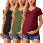 Ekouaer Womens Maternity Shirts 3 Packs V Neck Tops Tunic Pregnancy Clothes Side Ruched Short Sleeve Casual T Shirt Maroon/Black/Army Green XL