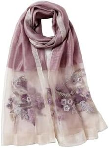 Jeelow Silk Wool Scarf Shawl Wrap Lightweight Sheer for Women Embroidered Design for Weddings & Parties (Purple Bloom)