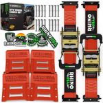 Rhino USA Wheel Chock Tie Down Kit (1,986lb Break Strength) Ultimate Heavy Duty Trailer Tire Straps System for ATV, UTV, Lawn Mower & More - Ratchet Tie Downs Accessories with E Track for Four Wheeler