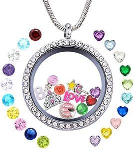 8th Birthday Gift for Her, 30mm Round Floating Living Memory Locket Necklace Pendant with Charms & Birthstones for Daughter Niece