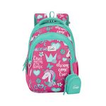 Genie Unicorn Love Kids Backpacks, 15" Cute, Colourful Bags for Girls, Water Resistant and Lightweight, 3 Compartment with Happy Pouch, 20 Liters, Nylon Twill, Pink