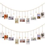 UgyDuky 2Pcs 4.5Ft Wall Hanging Photo Display with 80 Wooden Beads, 9 Photo Clips and 6 Hearts Tags Wood Bead Garland with Clothes Pin Boho Wall Hanging Picture Holder Rustic Photo Wall Decor for Home Office Nursery Room Decoration Supplies