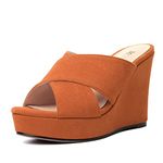 MODENCOCO Womens Suede Platform Slip On Open Toe Dressy Sexy Party Wedge High Heel Heeled Sandals 4 Inch, Orange, 12