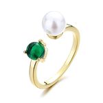 OIDIMS Emerald Pearl Open Ring 18K Gold Plated Statement Dainty Thin Adjustable Stacking Finger Engagement Wedding Band Charm Birthday Fashion Gift for Women Christmas Bff, Metal, Cubic Zirconia