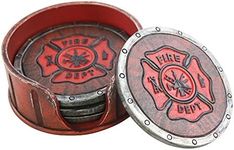 Pine Ridge Fire Department Set of 4 Coasters with Rubber Pad Base and Holder - Volunteer Fireman Fire Fighter Gift Ideas - Beautiful Polyresin Made Firefighter Symbol Display Items