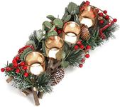 Belle Vous Christmas Tealight Candle Holder - 13 x 37cm / 5.12 x 14.57 Inches - 4 Glass Votive Candle Holders - Decorative Berry & Pine Cone Table Centrepiece for Home, Wedding or Xmas Decor