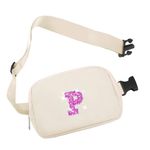 COSHAYSOO Small Waist Fanny Pack Belt Bag with Initial Letter Patch Adjustable Strap for Women Girls Holiday Running Traveling, Mini Crossbody Travel Purse Beach Stuff Organizer Pouch Ivory (P)