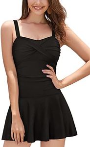 SHEKINI Women's One Piece Swimsuit Ruched Tummy Control Bathing Suit Padded Swimdress with Adjustable Wide Shoulder Straps, Black, Medium