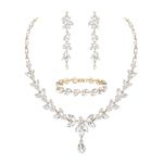 Ever Faith Rhinestone Wedding Bridal Jewellery Sets, Elegant Marquise Crystal Leaf Necklace Dangle Earrings Tennis Bracelet Set for Women Bridesmaid Clear Gold-Tone