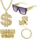 FINZOR 5Pcs Hip Hop Costume Kit Gold Rapper Sunglasses Gold Grillz Gold Dollar Sign Pendant Necklaces Ring 80s/90s Rapper Accessories