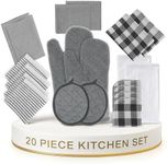LANE LINEN Kitchen Towels Set 20 Pack - Ultra Soft Cotton Kitchen Hand Towels, Highly Absorbent Dish Cloths, Durable Scrubbers, Flour Sack Tea Towels, Heat Resistant Oven Mitts & Pot Holders - Black