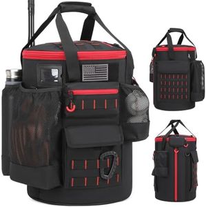 SunForMorning Baseball Bucket Bag Baseball Coaching Accessories Organizer Tactical Style Softball Bucket Bag with Anti-Slip Bottom, Multiple Pockets for Bat, Gloves, Scoreboards, Black+Red