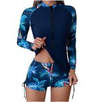 Limited of Time Deals Today Prime Women Two Piece Rash Guard Long Sleeve Swimwear Uv UPF 50+ Bathing Suit Tropical Print Swim Shirt with Boyshort Bottom Crop Top Bathing Suits Blue