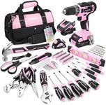 WORKPRO Pink Household Tool Kit with Drill, 157PCS Tool Set with 20V Cordless Lithium-ion Drill Driver, Home Tool Kit for All Purpose, Power Drill Sets with Pink Tool Bag - Pink Ribbon