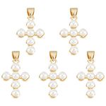 NBEADS 5 Pcs Cross Shell Pearl Pendants, Natural Shell Pearl Charms with Brass Findings Gold Plated for Easter DIY Necklace Bracelet Jewelry Makings