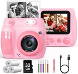 Kids Camera Instant Print, Birthday Gifts for Girls Boys with 3 Rolls Print Paper & 32GB Card, 48MP Toddler Digital Camera 1080P HD Video Toys Camera for Kids 3-12, Pink