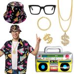 80s 90s Hip Hop Outfits Accessories Set for Men, 7Pcs Rapper Rocker Fancy Dress Kit with Bucket Hat Button Down Shirt Dollar Sign Ring Necklace Bracelet Inflatable Radio for Disco Theme Party