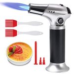 flintronic Blow Torch, Kitchen Torch, Refillable Butane Gas Torch Lighter with Safety Lock, Adjustable Flame with 2 Brush for Cooking, BBQ, Pastries, Soldering (Butane Gas Not Included) Silver