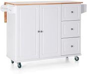 Sophia & William Kitchen Island Cart on Wheels with Drop-Leaf and Rubber Wood Top, Rolling Kitchen Trolley with 2-Door Storage Cabinet, 3 Drawers, Towel and Spice Rack, White