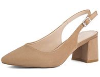 Greatonu Women's Pointed Toe Slingback Court Shoes Block Heel Ladies Pumps Ankle Strap Dress Shoes Beige Size 6