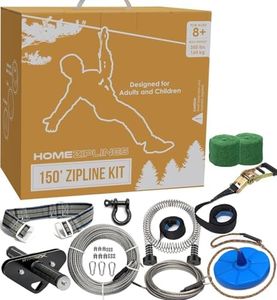 Zip Line for Kids and Adults, 150/100/200 Ft Backyard Zipline Kit, Quick Setup, 350 Lb Capacity, Rustproof Stainless Steel Cable, Safety Harness, Smooth Spring Brake, Comfortable Cushioned Seat