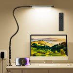 YAMYONE LED Desk Lamp Clamp 12W, 2 USB Ports Table Lamp, 6 Colors 6 Brightness Desk Light, Remote & Touch Control Timer Memory Function 360° Flexible Gooseneck Architect Lamp for Office Crafts