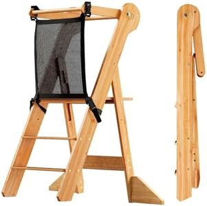 COSYLAND Foldable Toddler Standing Tower - Adjustable Height Folding Step Stool Kids Toddler Kitchen Stool Helper for Learning and Cooking - Ages 18 Months to 6 Years with Safety net Natural