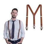 YCKYIGO Vintage Suspenders for Men，Brown Leather Button Tab and Clip Braces Formal Wedding Groomsmen Suspenders,Brown, Brown, Large