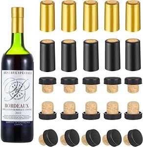 50 Packs Cork with Black Plastic Top Bottle Stopper, 25 Packs Gold and 25 Packs Black PVC Heat Shrink Capsules, Cork Tops Tasting Corks Wine Bottle Seals Shrink Caps