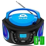 KLIM Boombox Portable Audio System - New Version 2024 - FM Radio CD Player Bluetooth MP3 USB AUX - Includes Rechargeable Batteries - Wired & Wireless Modes - Compact and Sturdy - Blue